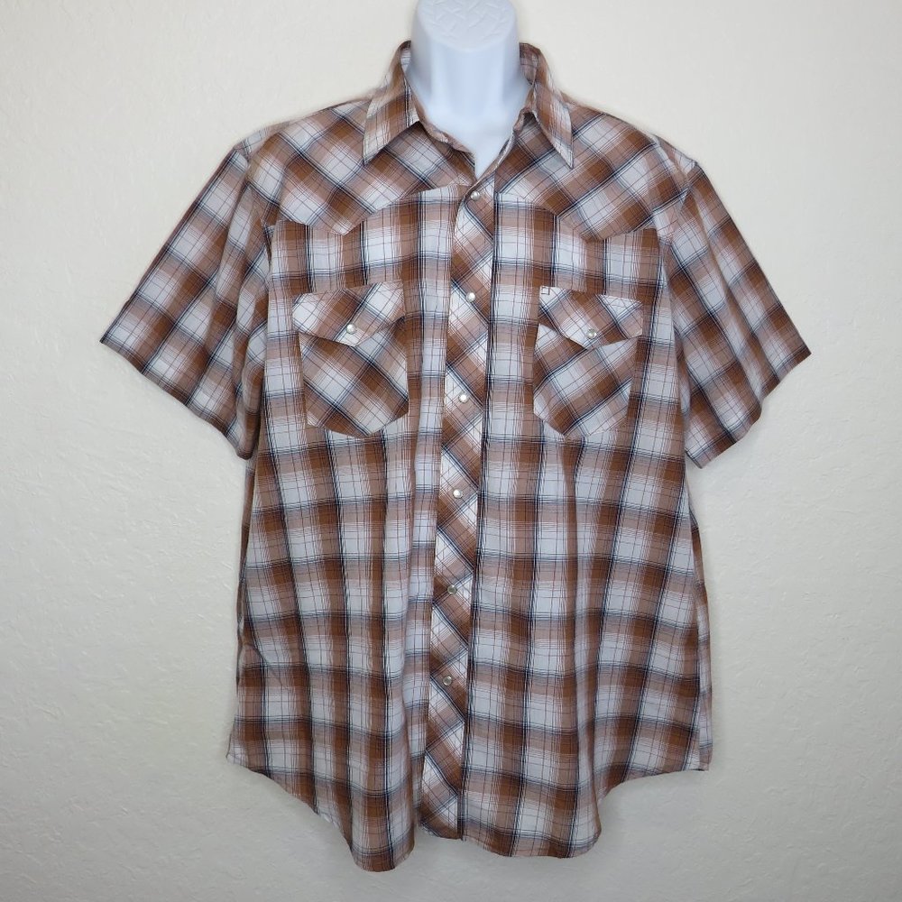 Wrangler* Men's Short Sleeve Snap Pearl Curved Hem Double Chest Pocket Shirt~ XL